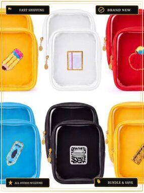 Clear PVC Cosmetic Pouch Set with Teacher Patches, 12 Pack, Waterproof Travel